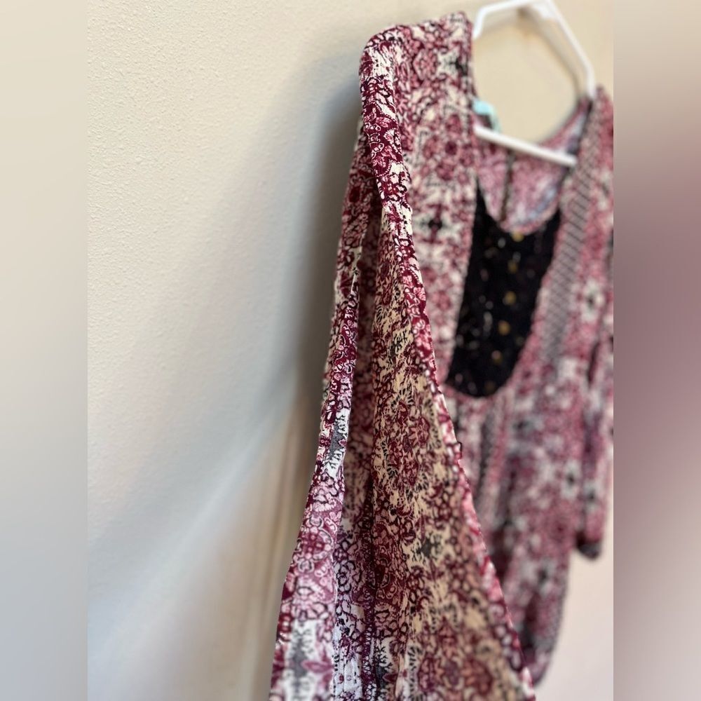 Boho Floral Mini Dress Burgundy Cottagecore Flowy Tie Back Medium - Picture 6 of 11
